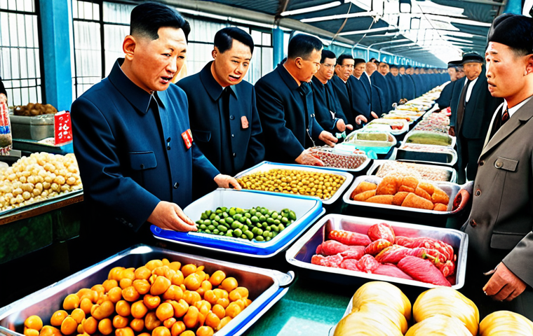 **A bustling border market scene:** Capture the vibrant atmosphere of the North Korean-Chinese border with merchants trading goods. Show a variety of items being exchanged, from food and medicine to electronics. Include details like infrastructure (roads, bridges) and diverse people to represent economic exchange and cultural interactions.