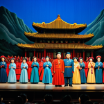 **North Korean Revolutionary Opera Performance:**
    A grand theatrical scene from a North Korean revolutionary opera. Performers are on an ornate stage, fully clothed in elaborate, modest, traditional Korean-inspired theatrical costumes and appropriate attire. The detailed set depicts a historical narrative of struggle and triumph, with dramatic cinematic lighting highlighting the heroic atmosphere. Characters are captured in natural, dynamic poses, expressing determination, unity, and national pride. perfect anatomy, correct proportions, well-formed hands, proper finger count, natural body proportions, professional photography, high quality, safe for work, appropriate content, family-friendly.