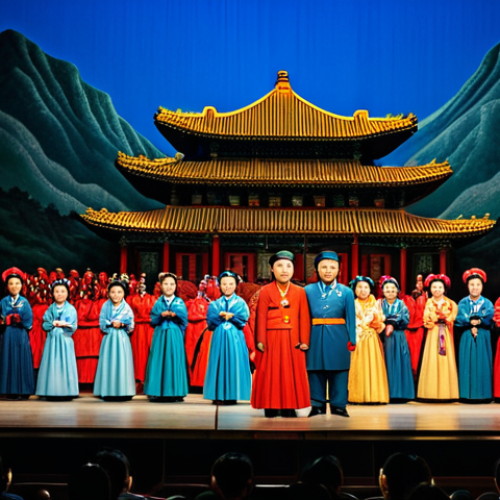Home 21 **North Korean Revolutionary Opera Performance:**
A grand theatrical scene from a North Korean revolutionary opera. Performers are on an ornate stage, fully clothed in elaborate, modest, traditional Korean-inspired theatrical costumes and appropriate attire. The detailed set depicts a historical narrative of struggle and triumph, with dramatic cinematic lighting highlighting the heroic atmosphere. Characters are captured in natural, dynamic poses, expressing determination, unity, and national pride. perfect anatomy, correct proportions, well-formed hands, proper finger count, natural body proportions, professional photography, high quality, safe for work, appropriate content, family-friendly.