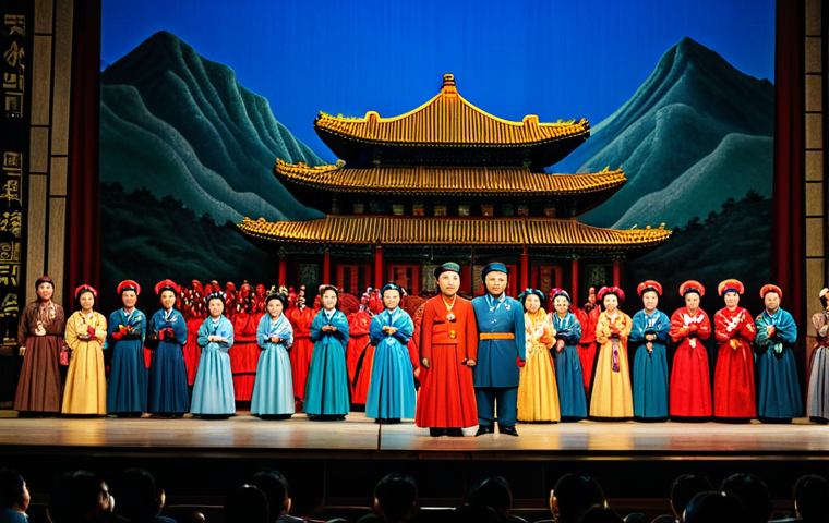 **North Korean Revolutionary Opera Performance:**
    A grand theatrical scene from a North Korean revolutionary opera. Performers are on an ornate stage, fully clothed in elaborate, modest, traditional Korean-inspired theatrical costumes and appropriate attire. The detailed set depicts a historical narrative of struggle and triumph, with dramatic cinematic lighting highlighting the heroic atmosphere. Characters are captured in natural, dynamic poses, expressing determination, unity, and national pride. perfect anatomy, correct proportions, well-formed hands, proper finger count, natural body proportions, professional photography, high quality, safe for work, appropriate content, family-friendly.