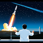 **

"A symbolic representation of North Korea's space program, showing a rocket launching into the night sky with stars, the Earth visible in the distance, and the Korean flag subtly displayed. The scene should convey ambition and technological advancement. Fully clothed figures in lab coats observing monitors, appropriate attire, safe for work, perfect anatomy, natural proportions, professional digital art, high quality."

**