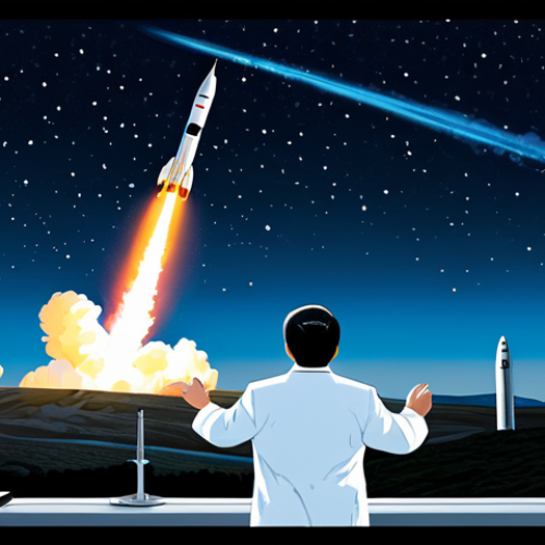 Home 11 **
"A symbolic representation of North Korea's space program, showing a rocket launching into the night sky with stars, the Earth visible in the distance, and the Korean flag subtly displayed. The scene should convey ambition and technological advancement. Fully clothed figures in lab coats observing monitors, appropriate attire, safe for work, perfect anatomy, natural proportions, professional digital art, high quality."
**