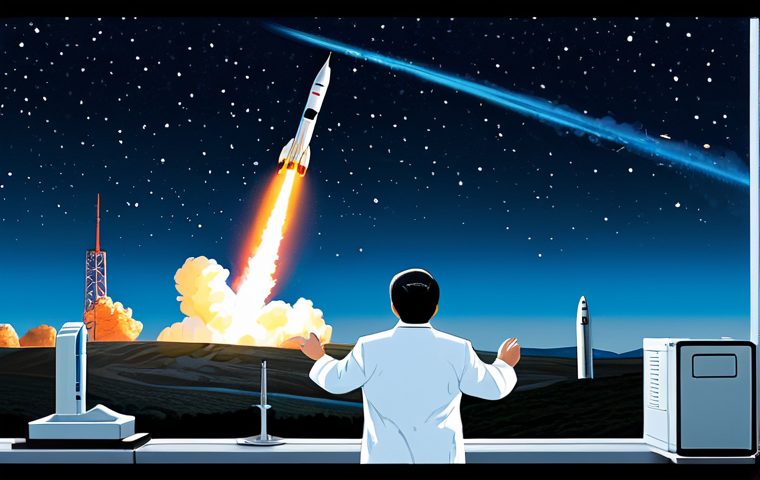 **

"A symbolic representation of North Korea's space program, showing a rocket launching into the night sky with stars, the Earth visible in the distance, and the Korean flag subtly displayed. The scene should convey ambition and technological advancement. Fully clothed figures in lab coats observing monitors, appropriate attire, safe for work, perfect anatomy, natural proportions, professional digital art, high quality."

**
