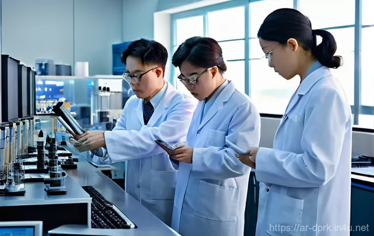북한의 과학자   주요 연구 성과 - **Prompt 1: Dedicated Scientific Minds in a High-Tech Lab**
    "A group of focused and dedicated No...