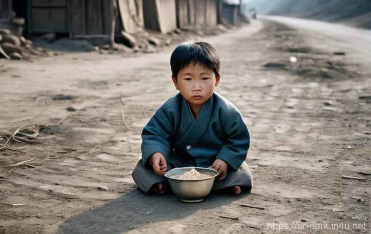 북한의 위기 관리   기근과 지원 체계 - **Prompt:** A somber, realistic photograph capturing the daily struggle for survival in a North Kore...