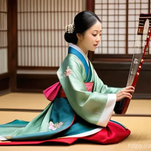Home 21 북한의 전통 악기 아쟁과 장고 - **A Serene Ajaeng Performance:**
"A female Korean musician gracefully playing the Ajaeng, a larg...