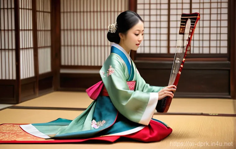 북한의 전통 악기 아쟁과 장고 - **A Serene Ajaeng Performance:**
"A female Korean musician gracefully playing the Ajaeng, a larg...