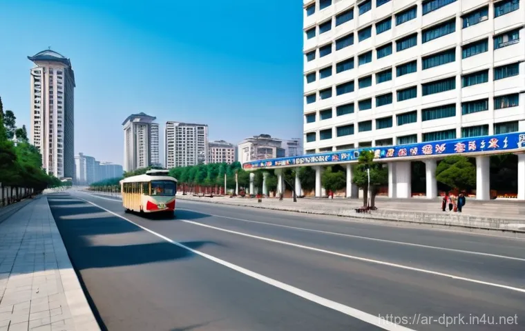 북한의 인구 분포 도시와 농촌 비교 - **Prompt 1: Pyongyang's Modern Facade**
"A wide, pristine street in Pyongyang, North Korea, show...