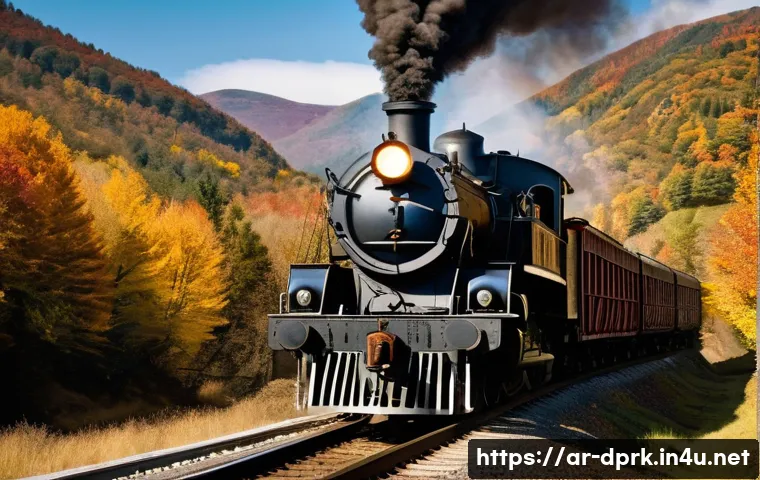 북한의 물류 시스템 화물 이동 방식 - **Prompt:** A powerful, vintage steam locomotive, reminiscent of the mid-20th century, pulling a lon...