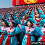 북한의 축제   태양절과 설날 행사 - A vibrant North Korean national celebration scene featuring thousands of participants in a large pub...