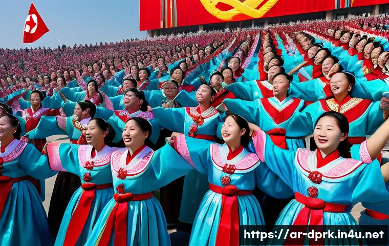 북한의 축제 태양절과 설날 행사 - A vibrant North Korean national celebration scene featuring thousands of participants in a large pub...