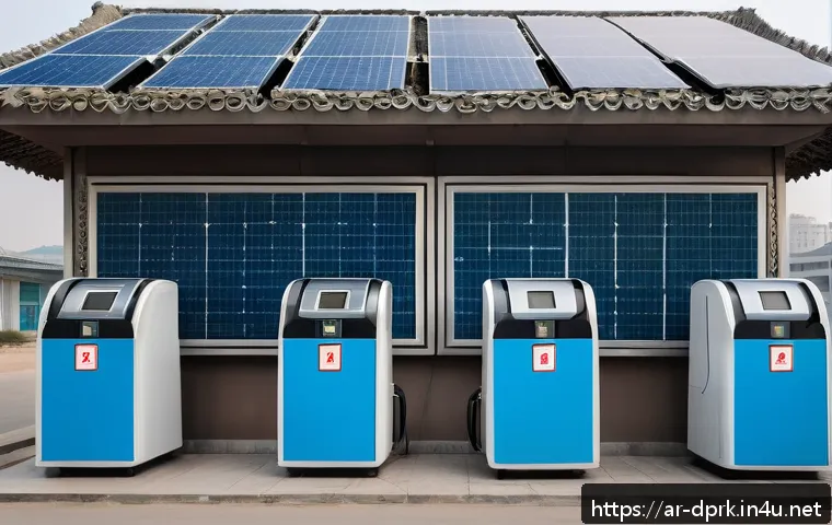 북한의 전기차 개발 새로운 시도 - A detailed urban scene in Pyongyang, North Korea, showcasing a modest electric car charging station ...
