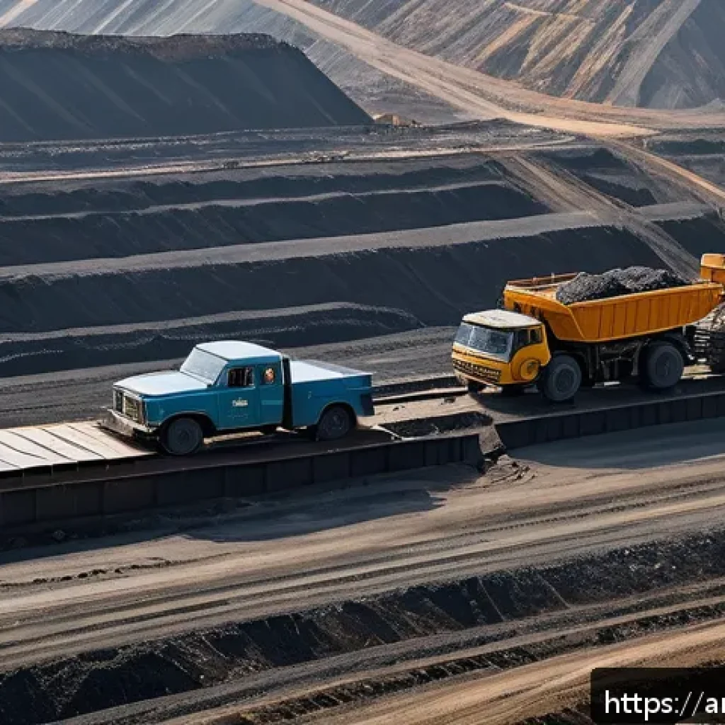 북한의 공업   주요 산업과 생산품 - A detailed industrial scene showing a North Korean coal mining operation under international sanctio...
