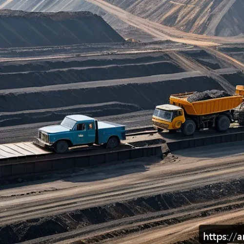 북한의 공업   주요 산업과 생산품 - A detailed industrial scene showing a North Korean coal mining operation under international sanctio...