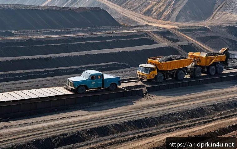 북한의 공업 주요 산업과 생산품 - A detailed industrial scene showing a North Korean coal mining operation under international sanctio...