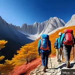조선민주주의인민공화국 관광지   금강산 등산정보 - A panoramic view of the rugged Komkangsan Mountain during early autumn, showcasing sharp rocky peaks...