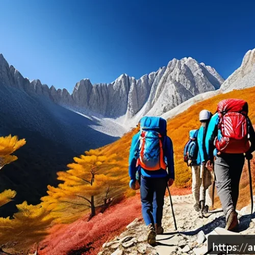 조선민주주의인민공화국 관광지   금강산 등산정보 - A panoramic view of the rugged Komkangsan Mountain during early autumn, showcasing sharp rocky peaks...