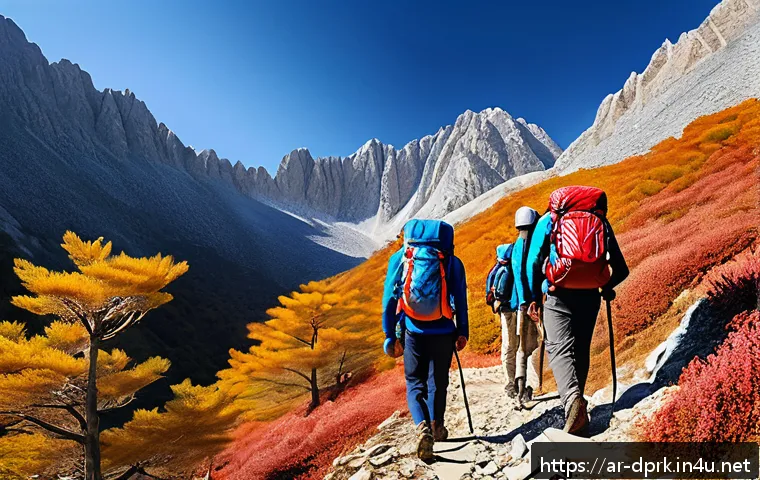 조선민주주의인민공화국 관광지   금강산 등산정보 - A panoramic view of the rugged Komkangsan Mountain during early autumn, showcasing sharp rocky peaks...