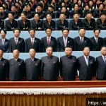 북한의 의회   최고인민회의의 역할 - A detailed scene of a formal North Korean legislative assembly session inside a grand hall, showcasi...