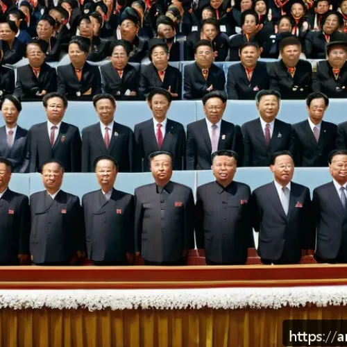 북한의 의회   최고인민회의의 역할 - A detailed scene of a formal North Korean legislative assembly session inside a grand hall, showcasi...