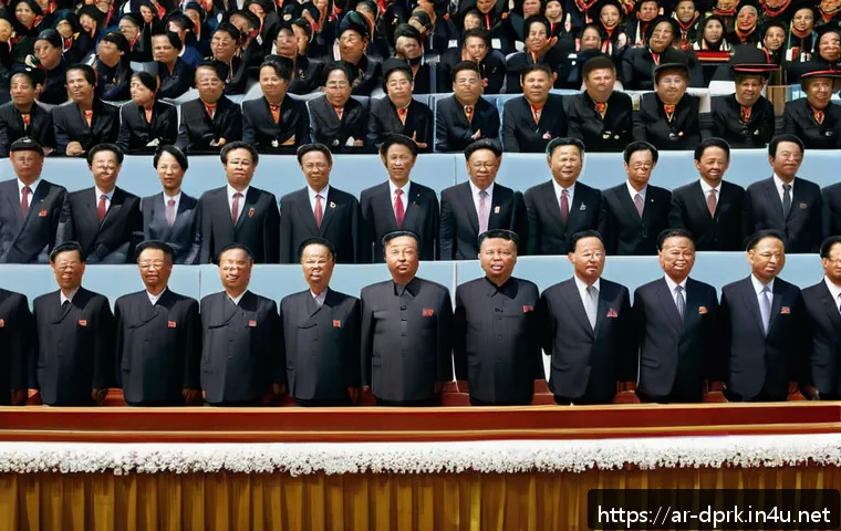 북한의 의회   최고인민회의의 역할 - A detailed scene of a formal North Korean legislative assembly session inside a grand hall, showcasi...