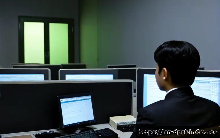 북한의 인터넷   제한된 정보 접근 - Photorealistic editorial scene of a North Korean office worker seated alone at a modest desktop comp...