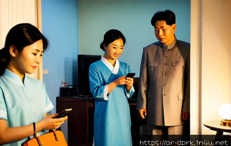 북한의 휴대전화   보급률과 기능 - Photorealistic editorial-style scene inside a modest Pyongyang apartment, a North Korean family of t...