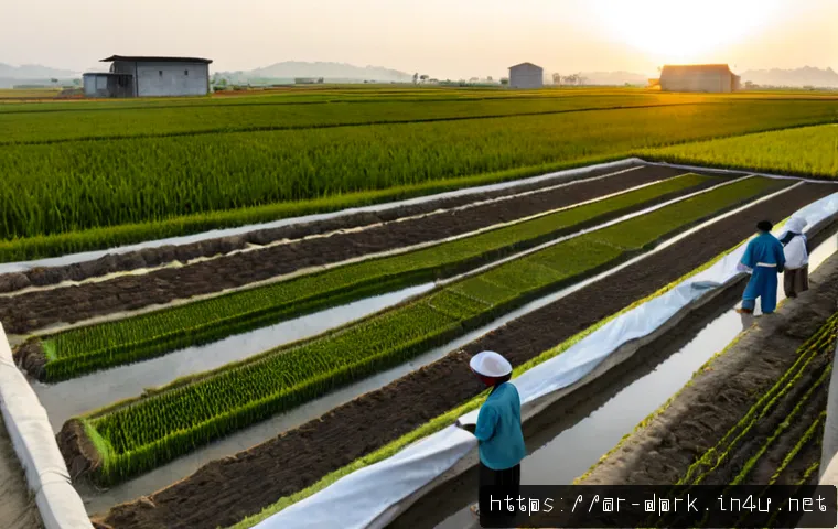 북한 농업   집단 농장의 구조와 운영 - Photorealistic wide-angle view of a North Korean-style collective farm at sunrise, organized rice pa...